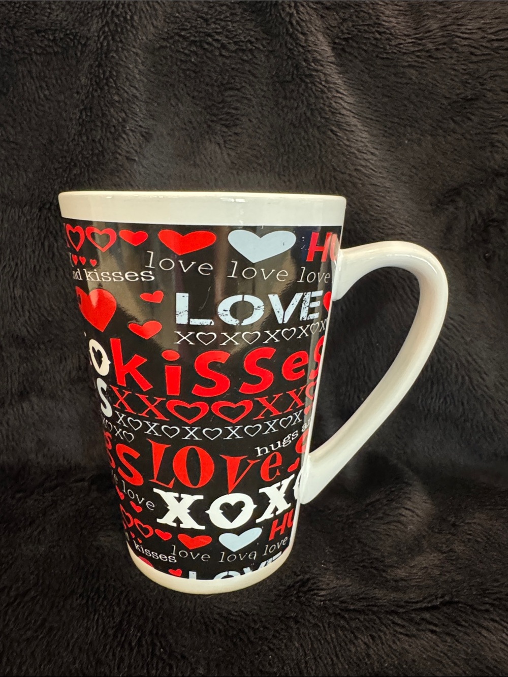 "Love Sayings" Romantic Hugs & Kisses Black Ceramic Mug XOXOs & Hearts Graphics